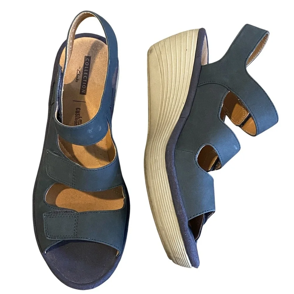 Clarks Collection Reedly Juno Wedge Sandals Womens 8 Triple Strap Comfort #58N